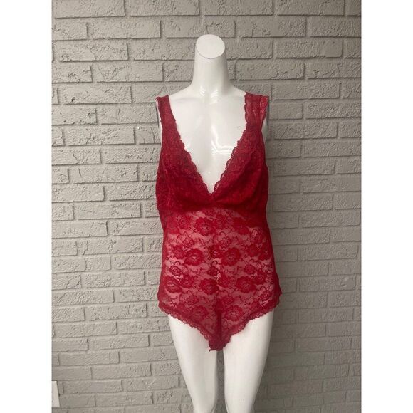 H&M Women Red Floral Lace Bodysuit Teddy Size XL - Picture 1 of 10